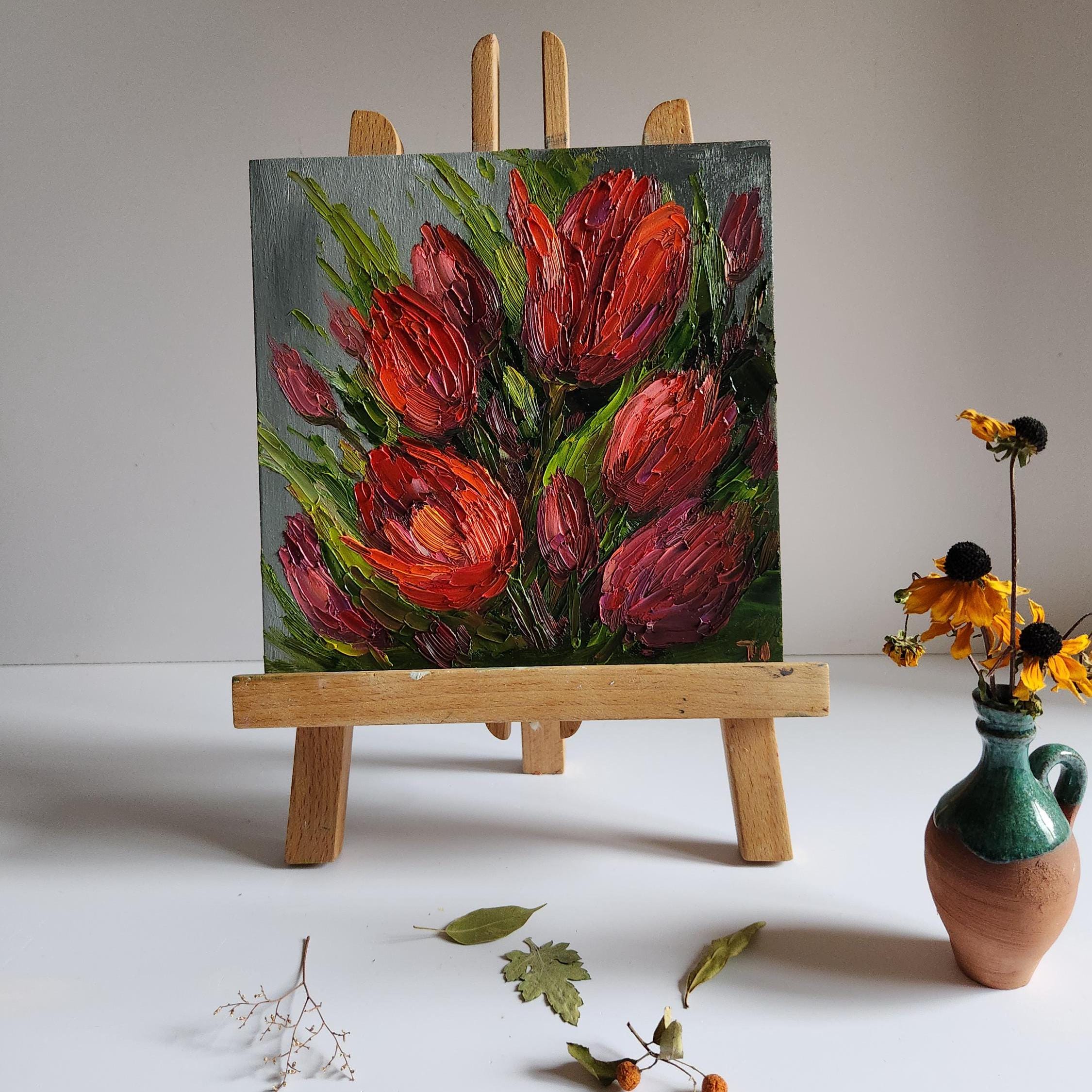 チューリップの絵画 赤いチューリップの絵画 油絵 花の絵画 壁