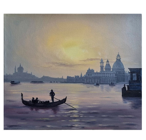 ヴェネツィアのゴンドラの夕日の油絵、大運河アート（16x19インチ