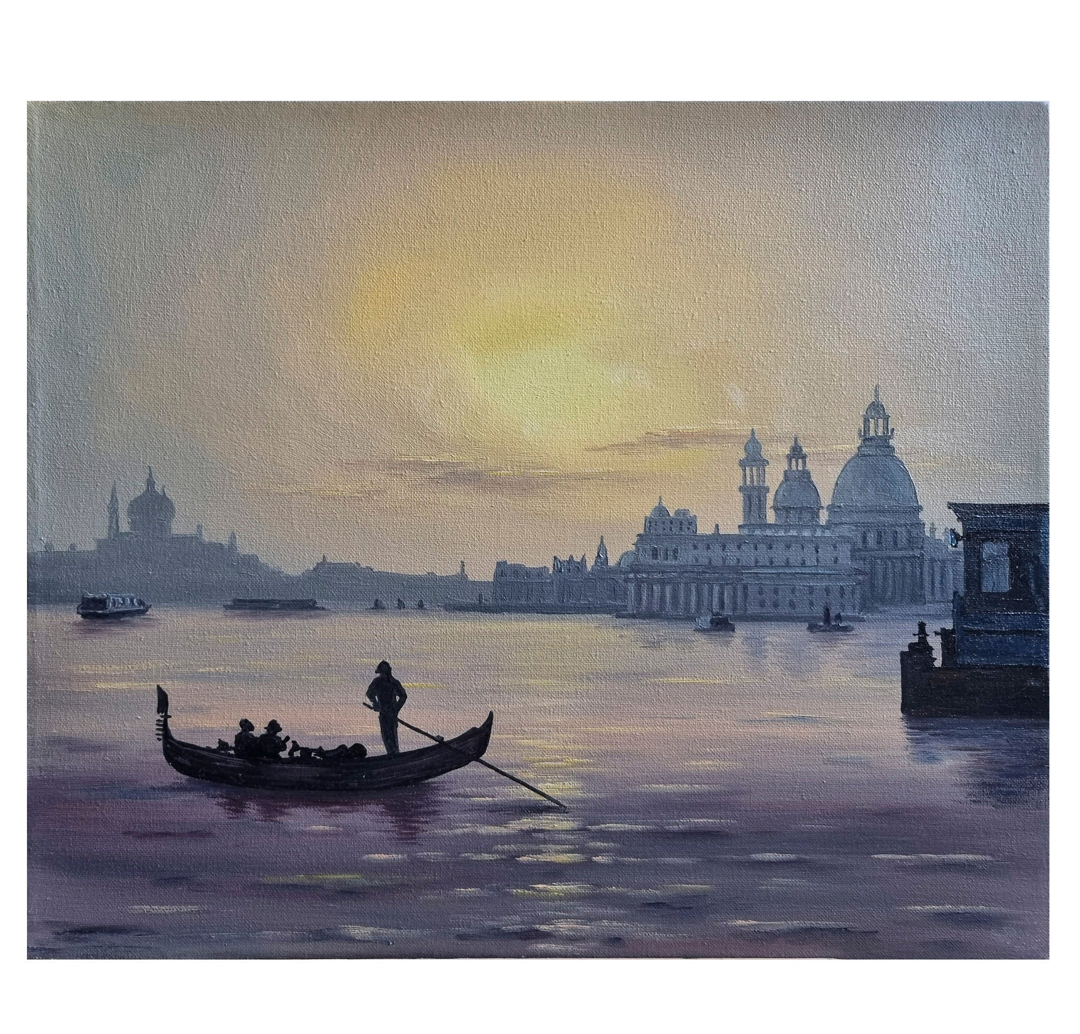 ヴェネツィアのゴンドラの夕日の油絵、大運河アート（16x19インチ