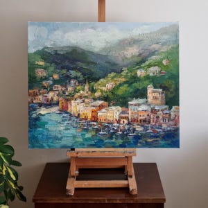 Original Portofino Hand Painted Oil Painting Italian Coastline Painting Italian Amalfi Landscape Wall Art Landscape Painting 20 by 24 in