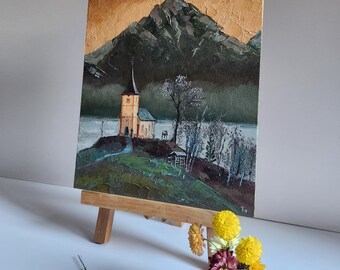 ヤムニク教会の油絵：スロベニアの山の風景画（13 x 11インチ） - Etsy