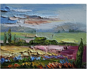 Tuscany Landscape Oil Painting: Italian Field Art, 6x8 Palette Knife