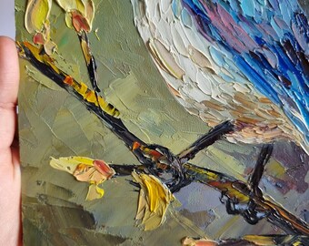 青い鳥の油絵、かわいい静物画、モダンな室内装飾（8 x 6インチ