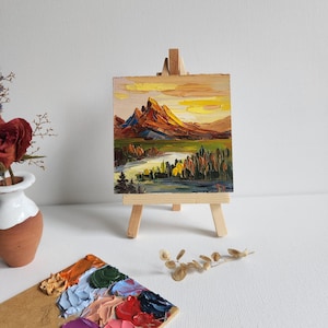 Original Grand Teton Oil Painting Sunset Lake Grand Teton Painting National Park Wyoming Art Travel Gift Wall Art 4 by 4 in