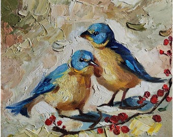 二羽の鳥 絵画 油彩画 油絵 F4 oil painting art 鳥の油絵 2羽の鳥の絵 厚塗り油絵 鳥の絵 壁アート 10 x 10