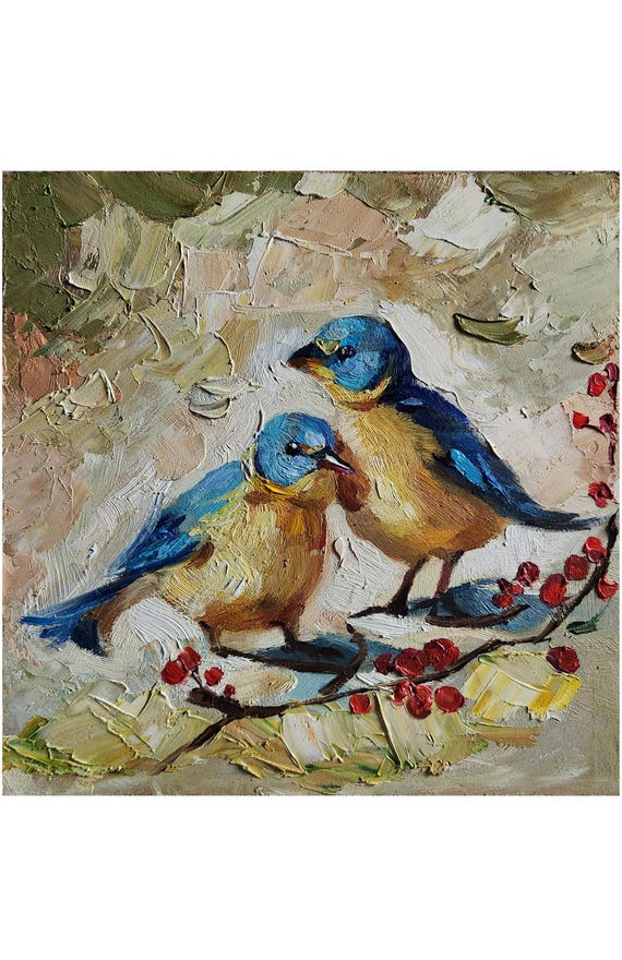 二羽の鳥 絵画 油彩画 油絵 F4 oil painting art 鳥の油絵 2羽の鳥の絵 厚塗り油絵 鳥の絵 壁アート 10 x 10