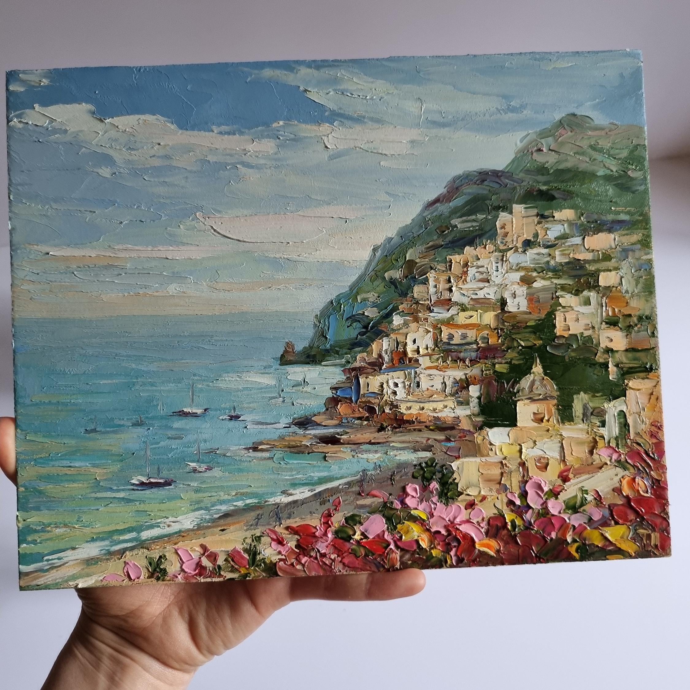 ポジターノ・アマルフィ海岸の油絵：花々が咲き誇るイタリアの風景画