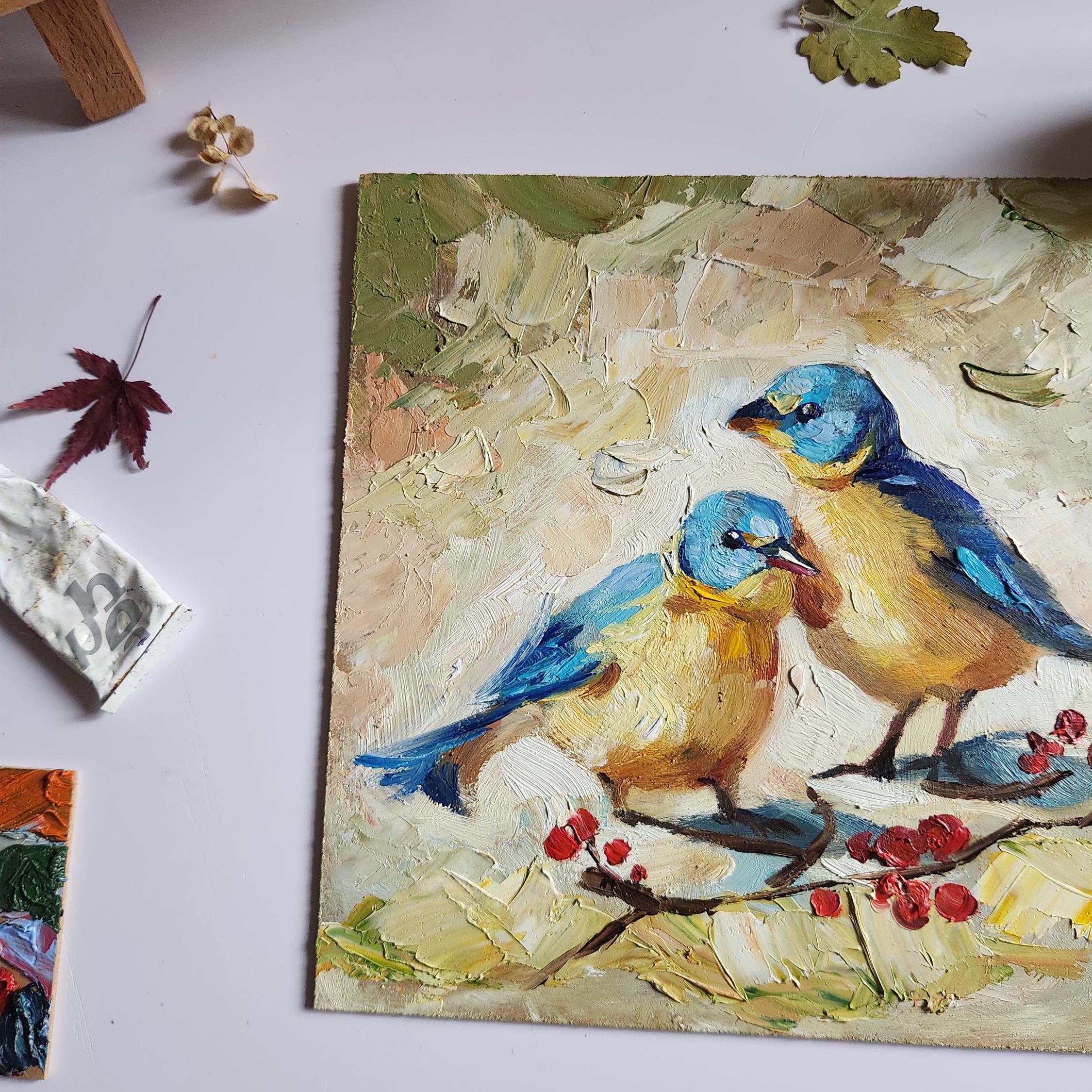 インパスト鳥油絵：モダンパレットナイフアート（10 x 10インチ