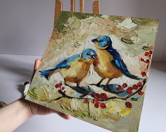 鳥の油絵 2羽の鳥の絵 厚塗り油絵 鳥の絵 壁アート 10 x 10
