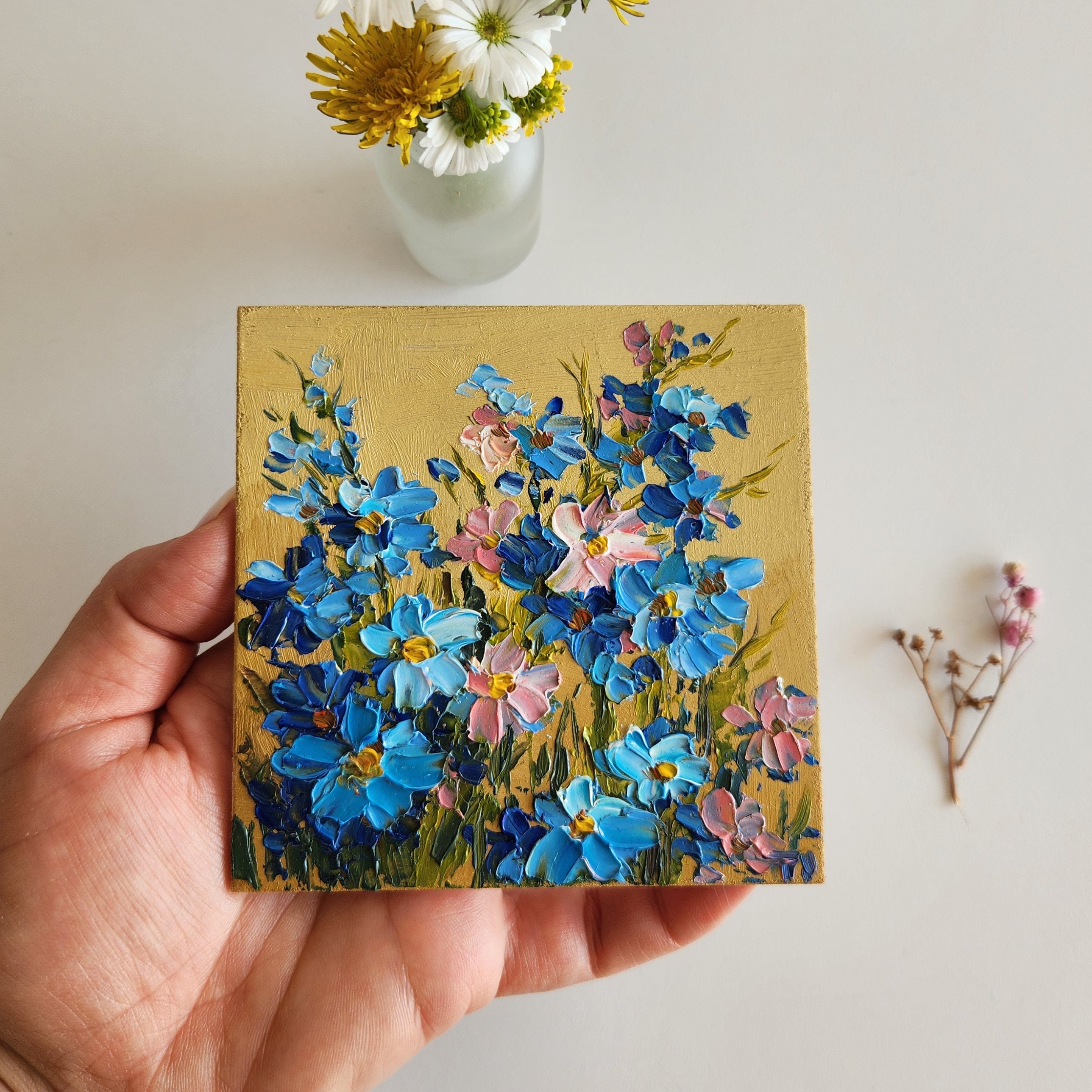 Forget-Me-Not Painting Blue Flower Painting Floral Painting Wall Art 4 by 4 inches