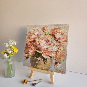 Impasto Pink Peony Oil Painting: Floral Wall Art (6x6 Inches) - Etsy