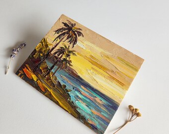 ハワイの海景油絵、オリジナルビーチサンセットアート（4 x 5インチ