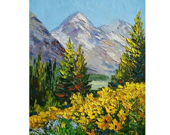 Mountain Landscape Painting,Mountain Floral,Mountain Art,Teton Floral Painting,National Park Wyoming,Wall Art,Impasto Flowers,10 by 8 inches