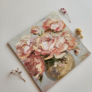 Impasto Pink Peony Oil Painting: Floral Wall Art (6x6 Inches) - Etsy
