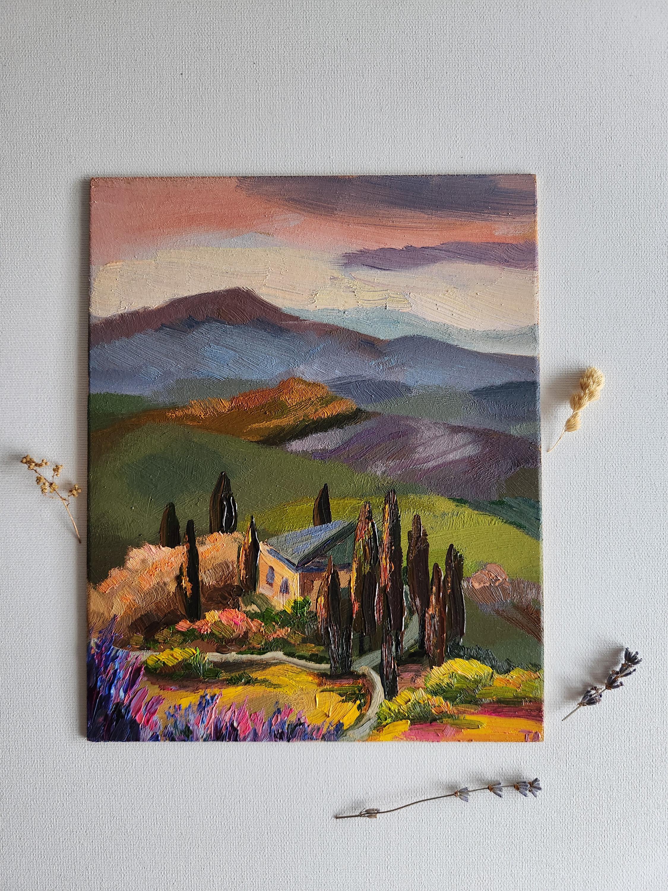 オリジナルのトスカーナ風景油絵：イタリアの田園風景の壁画 - Etsy 日本