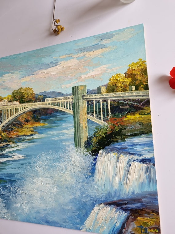 ナイアガラの滝の絵画 ナイアガラ川の絵画 風景画 花畑の絵画 橋