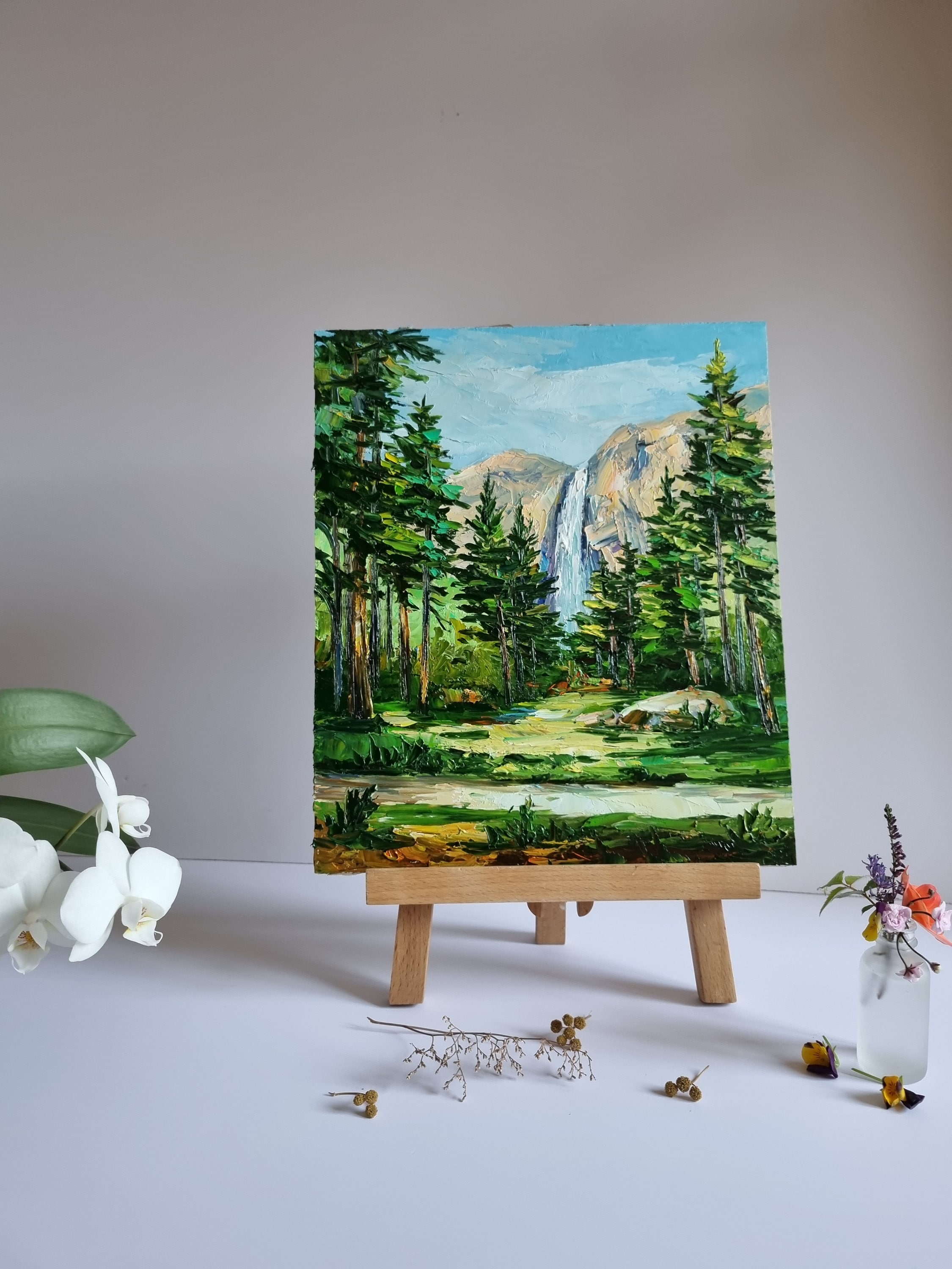ヨセミテの滝の絵画、山の風景画、森の絵画、ヨセミテ国立公園の