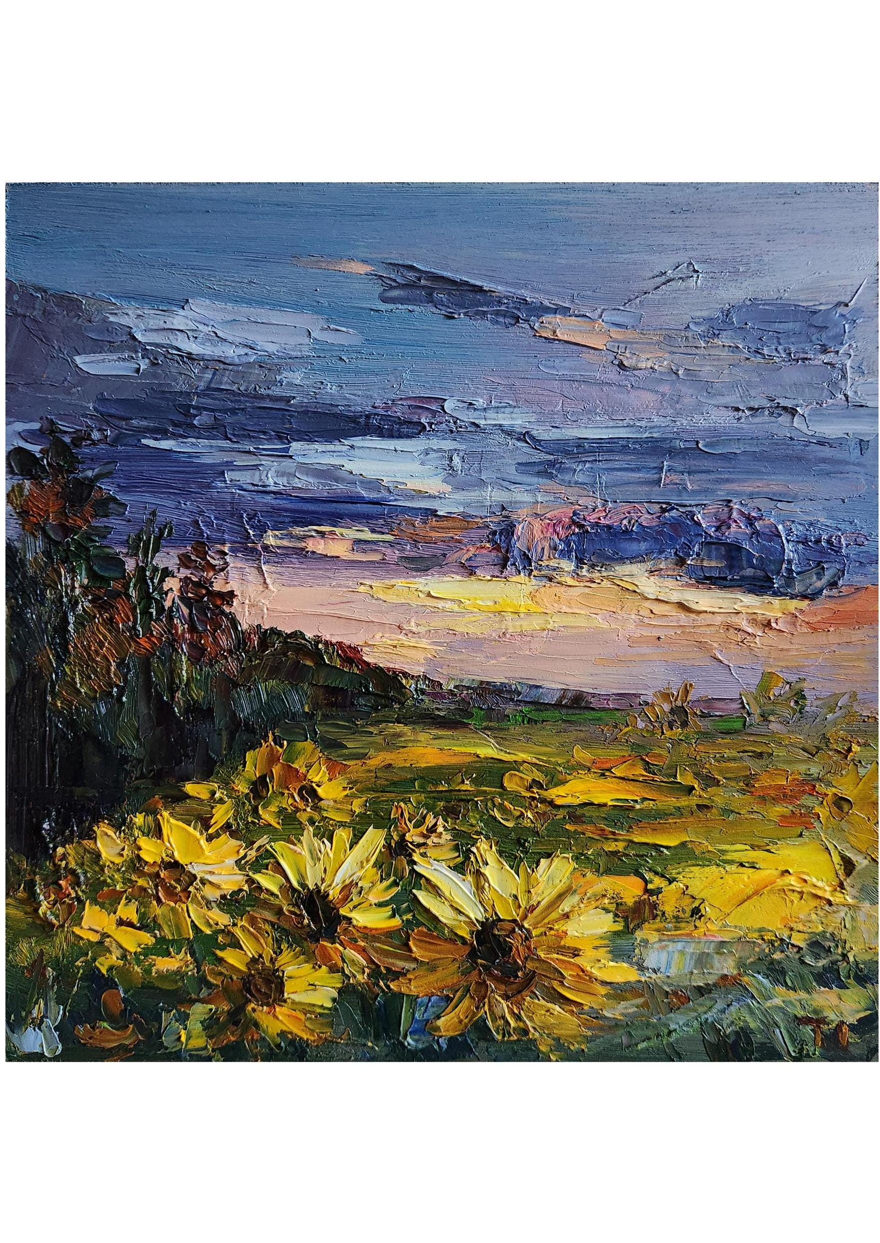 Original Sunflower Field Oil Painting: Impasto Sunset Art (10x10 In) - Etsy