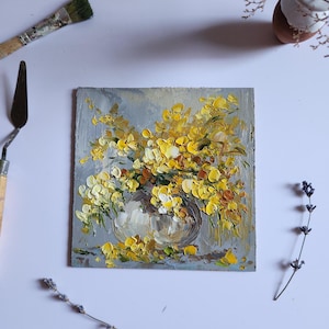 Mimosa Flower Painting Oil Painting Impasto Yellow flower Wall art 6 by 6 in