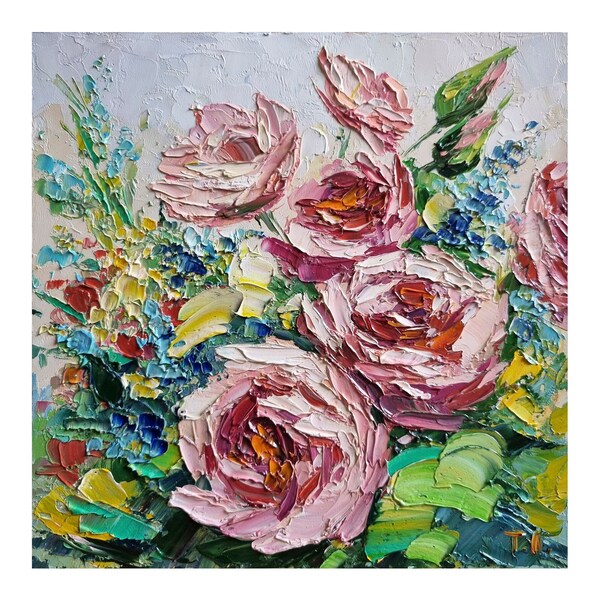 Rose Painting,Flower Bouquet, Floral Impasto,Oil Impasto,Small Painting,Flower Art,Nursery Wall Art, 8 by 8 inches