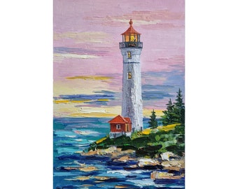Lighthouse Painting,Sunset Painting,Ocean Painting,Seascape Painting,Nursery Wall Art ,12 by 8 inches