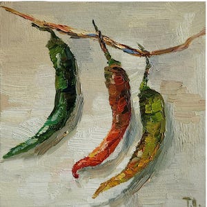 Chili Pepper Oil Painting Red Chili Pepper Impasto Painting Kitchen Wall Art 6 by 6 in