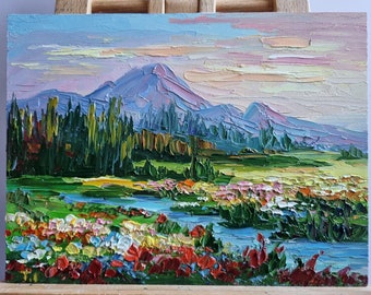 Mountain Landscape Painting,Teton Painting,Sunset Painting,Mountain Floral,Floral Painting,National Park Wyoming,Wall Art,6 by 8 inches