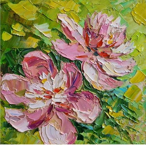 Pintura de peônia Pintura floral Impasto Pintura pequena arte de parede 6 por 6 polegadas