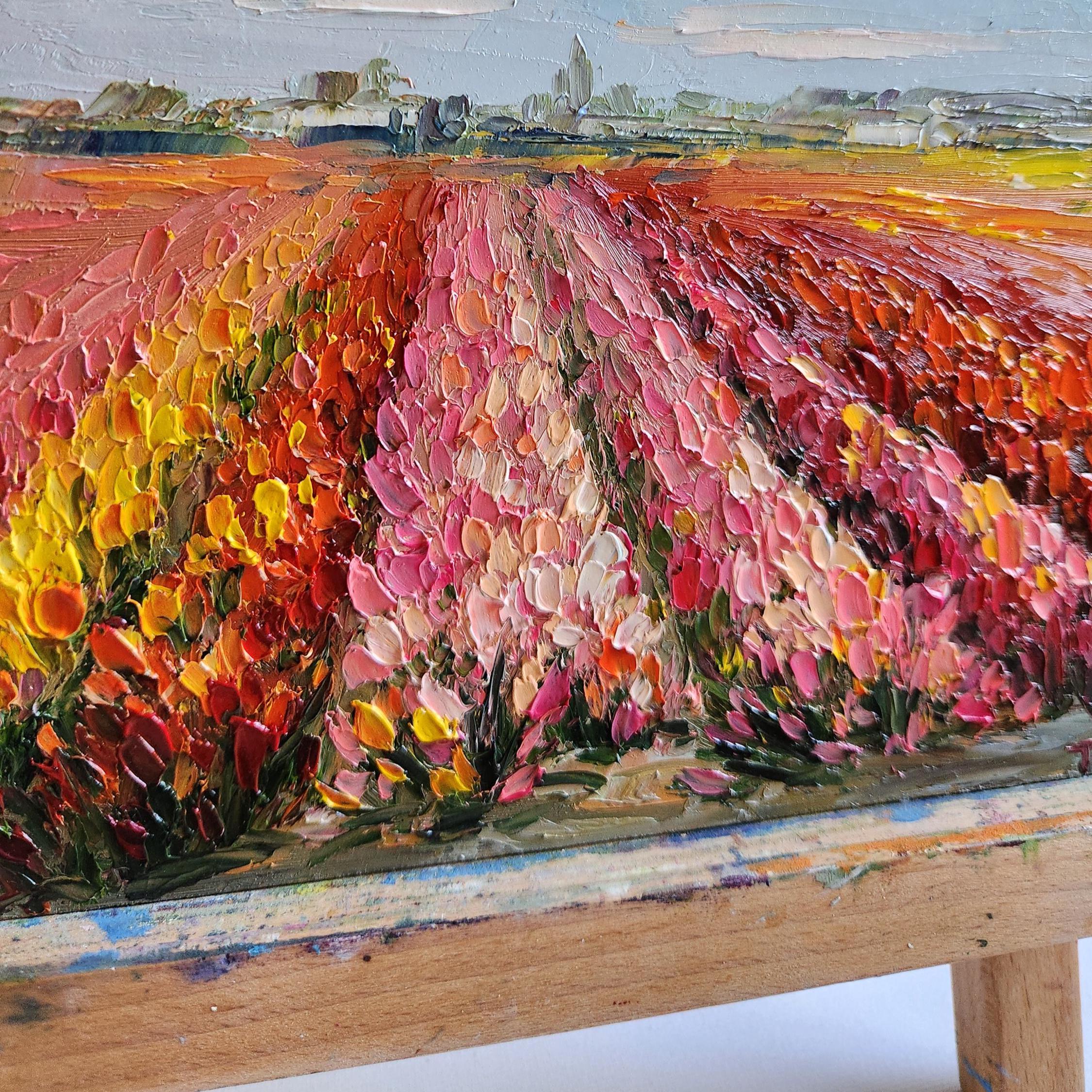 チューリップ＊油絵 絵画 油彩画 春 花 風景画 春の油彩画「希望の花