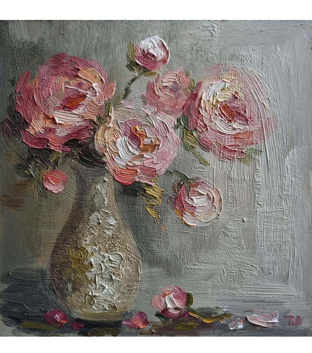 Original Pink Peony Oil Painting: Impasto Floral Wall Art (8x8 Inches ...