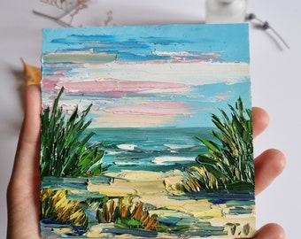 Seascape Painting,Beach Landscape ,Small Impasto Painting,Original Seascape Artwork,Grass Field,Nursery Wall Art,4 by 4 inches