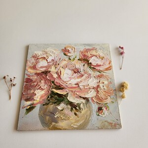 Impasto Pink Peony Oil Painting: Floral Wall Art (6x6 Inches) - Etsy