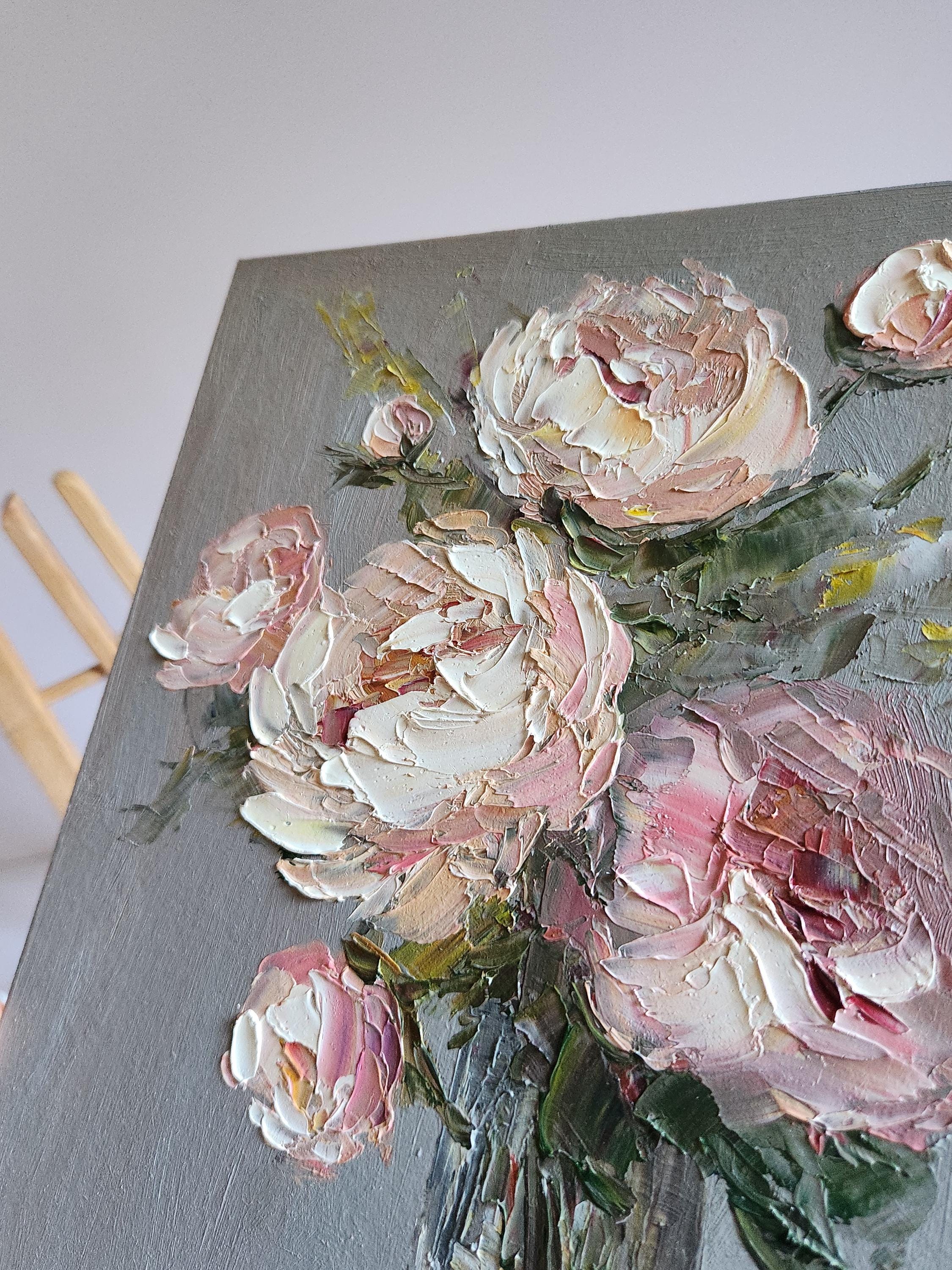 Pink Peony Oil Painting: Impasto Floral Wall Art (12x10 Inches) - Etsy