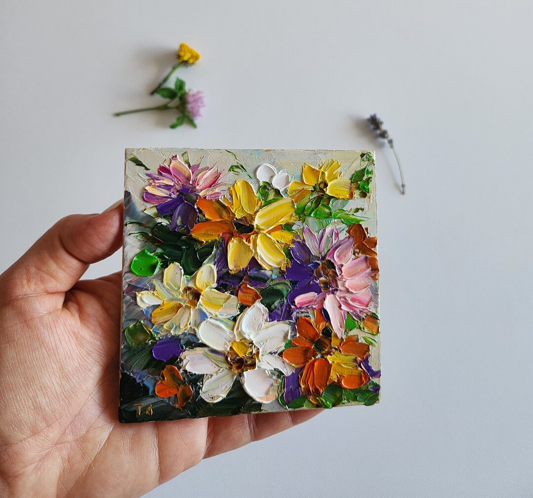 Daisy Painting Oil Floral Impasto Flower Bouquet Small Impasto Painting ...
