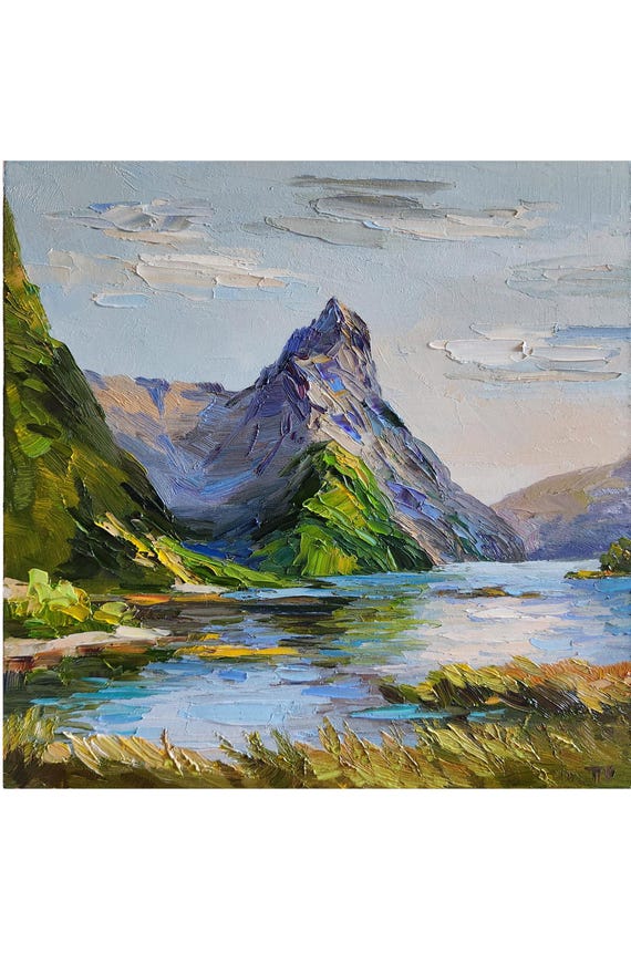 ミルフォードサウンドの油絵：ニュージーランドの山の風景画（10x10 