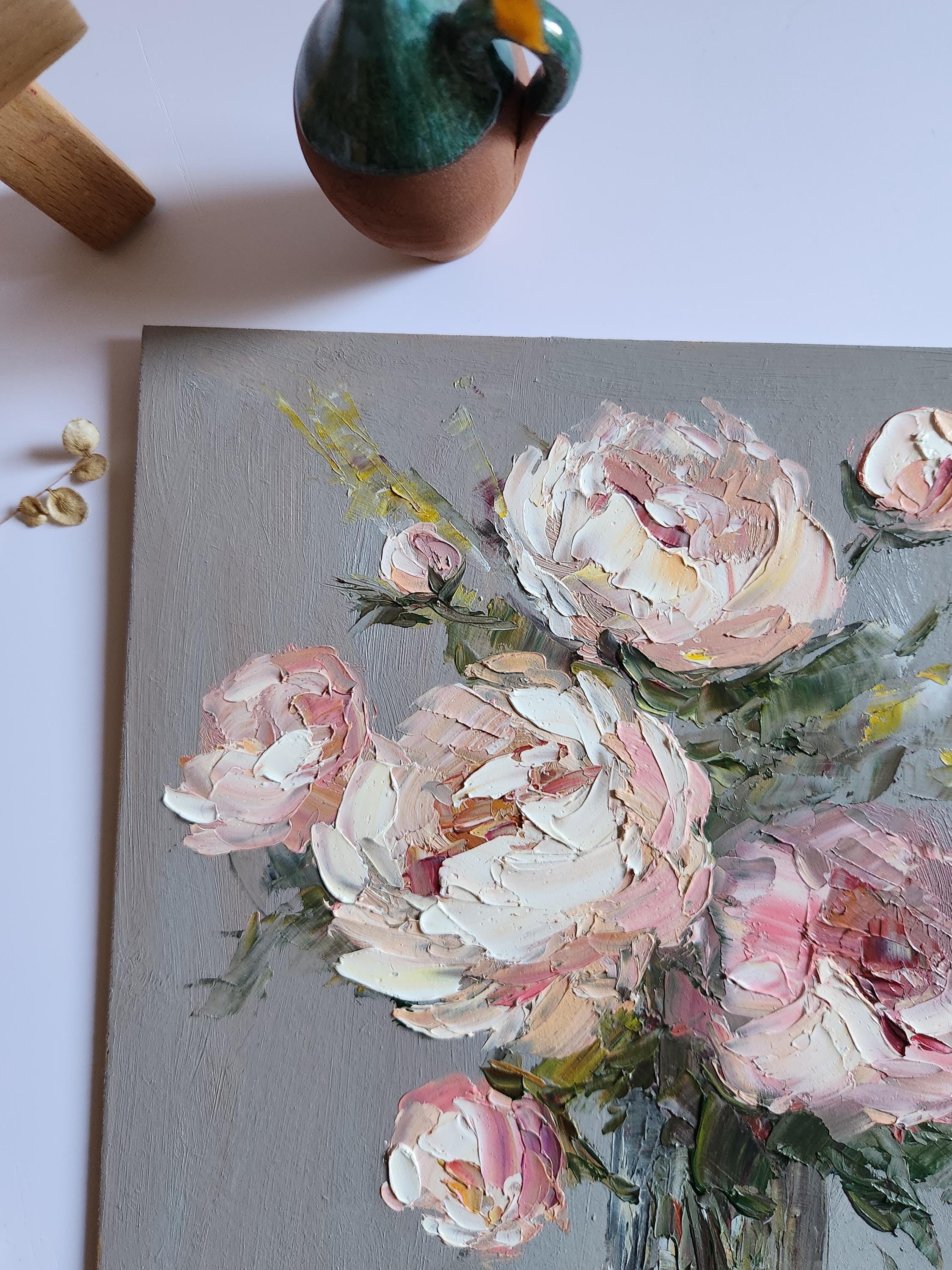 Pink Peony Oil Painting: Impasto Floral Wall Art (12x10 Inches) - Etsy