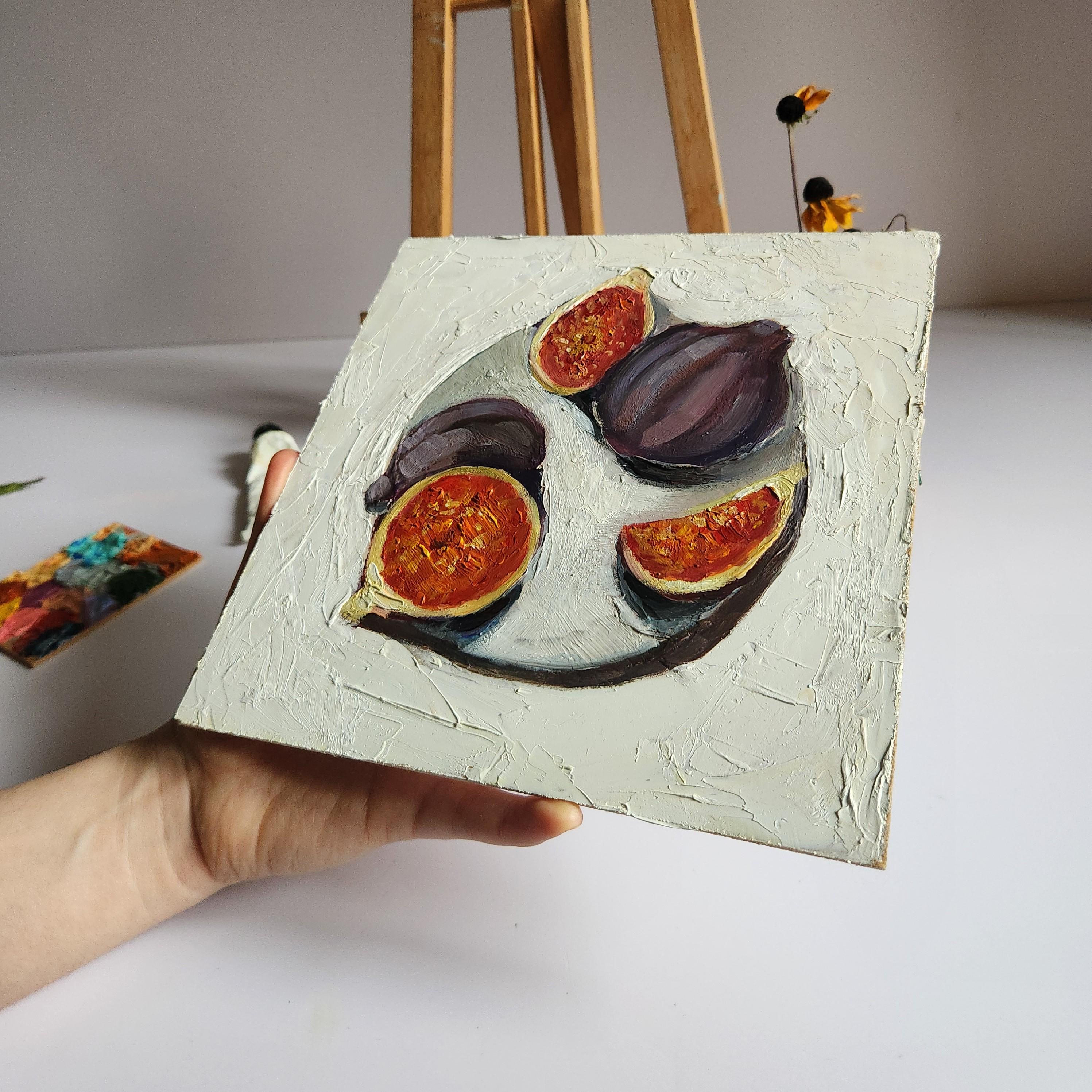 油彩画/イチジク イチジクの油絵：静物画、インパストアート、8x8 - Etsy 日本