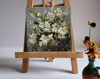 カモミールの油絵：インパストデイジーブーケ、6x6の花の壁アート