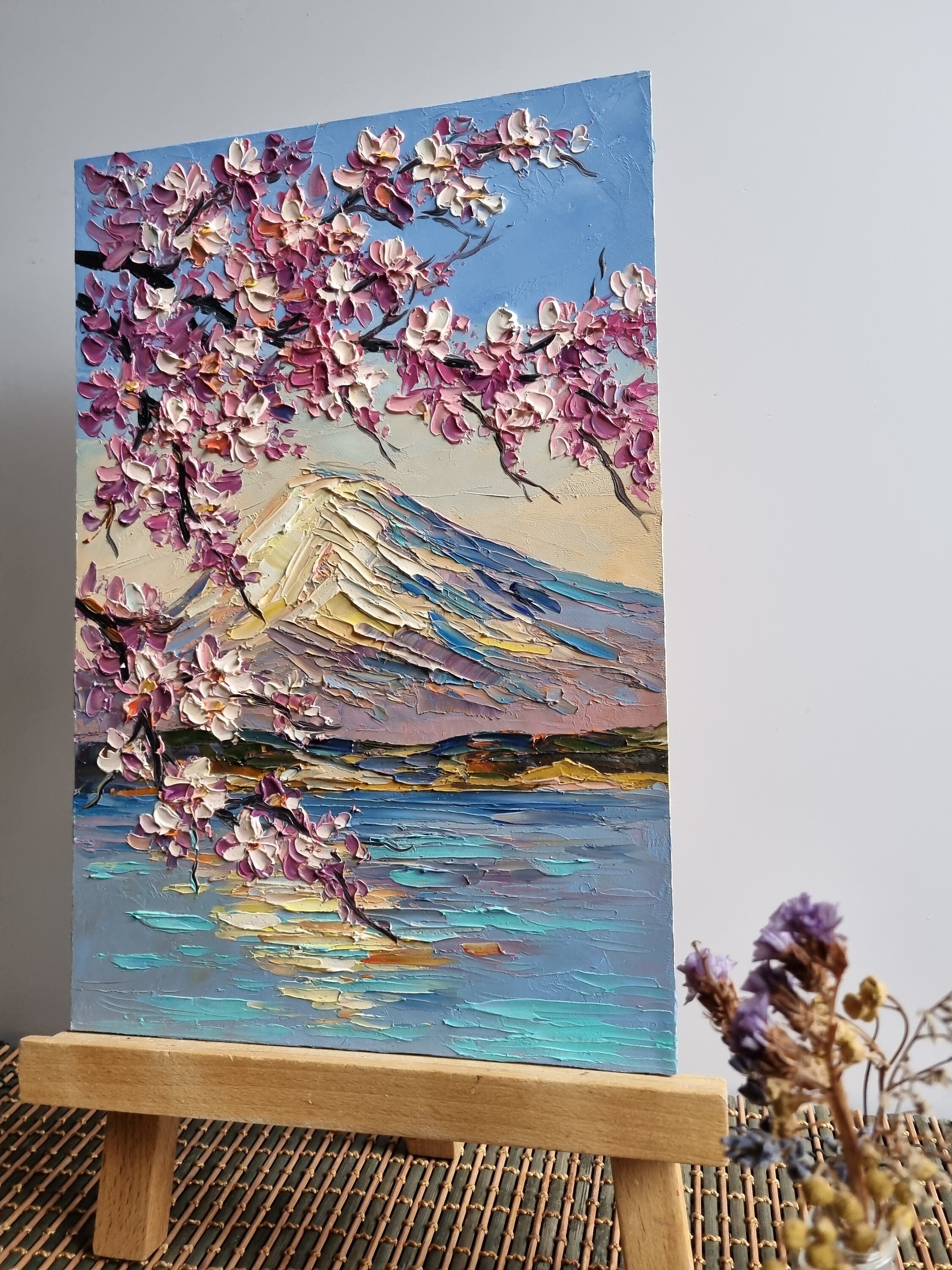 Sakura Painting: Impasto Mountain Landscape, Japan Art (12x8