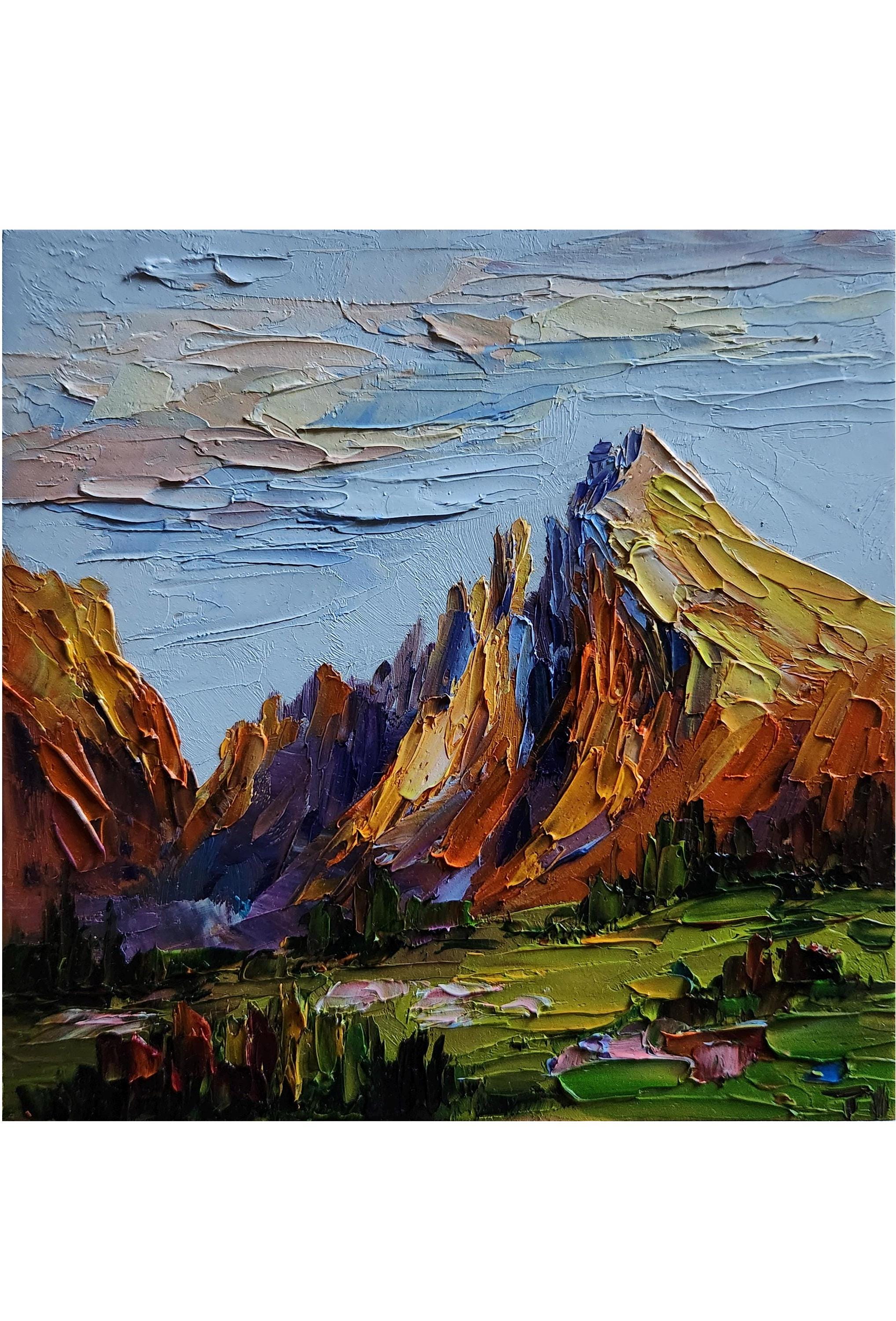 ドロミテ山の油絵：イタリアアルプスの夕焼け風景画 - Etsy 日本