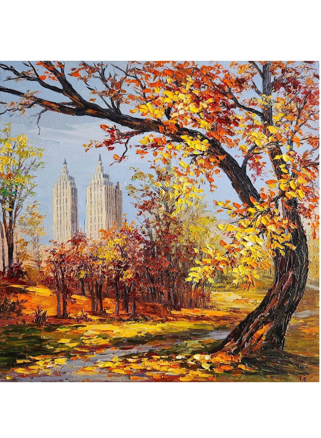 オイルパステル画  ニューヨーク セントラルパークの秋の油絵、ニューヨークの風景画（13 x 13インチ