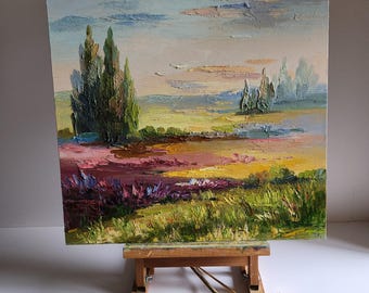 Tuscany Lavender Field Oil Painting: Italian Landscape Impasto Art (20x20 in)