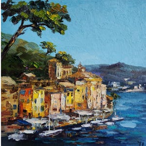 Original Portofino Oil Painting Italian Stone Pines Painting Italian City coast art Amalfi Landscape Wall Art Landscape Painting 10 by 10 in