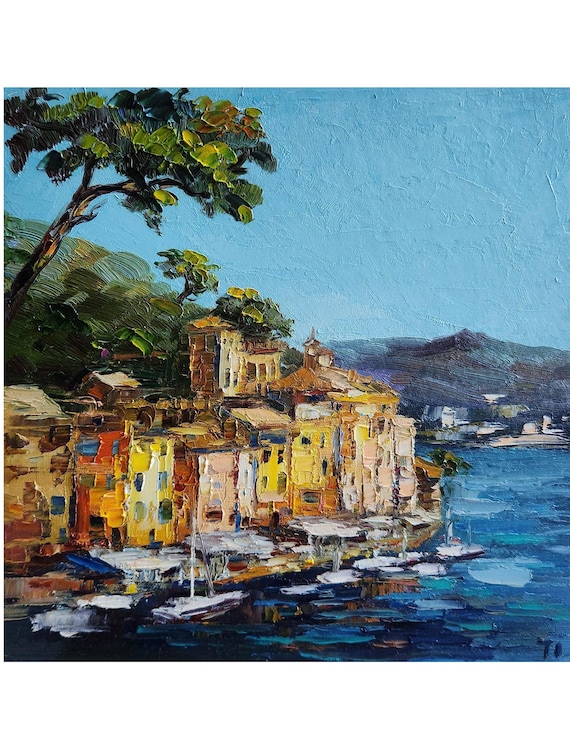 Original Portofino Oil Painting: Italian Coastline Art, Palette