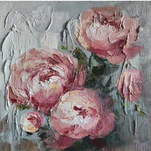 Original Peony Oil Painting Impasto Peonies Painting Anniversary Gift Pink Wall Art 10 by 10 in