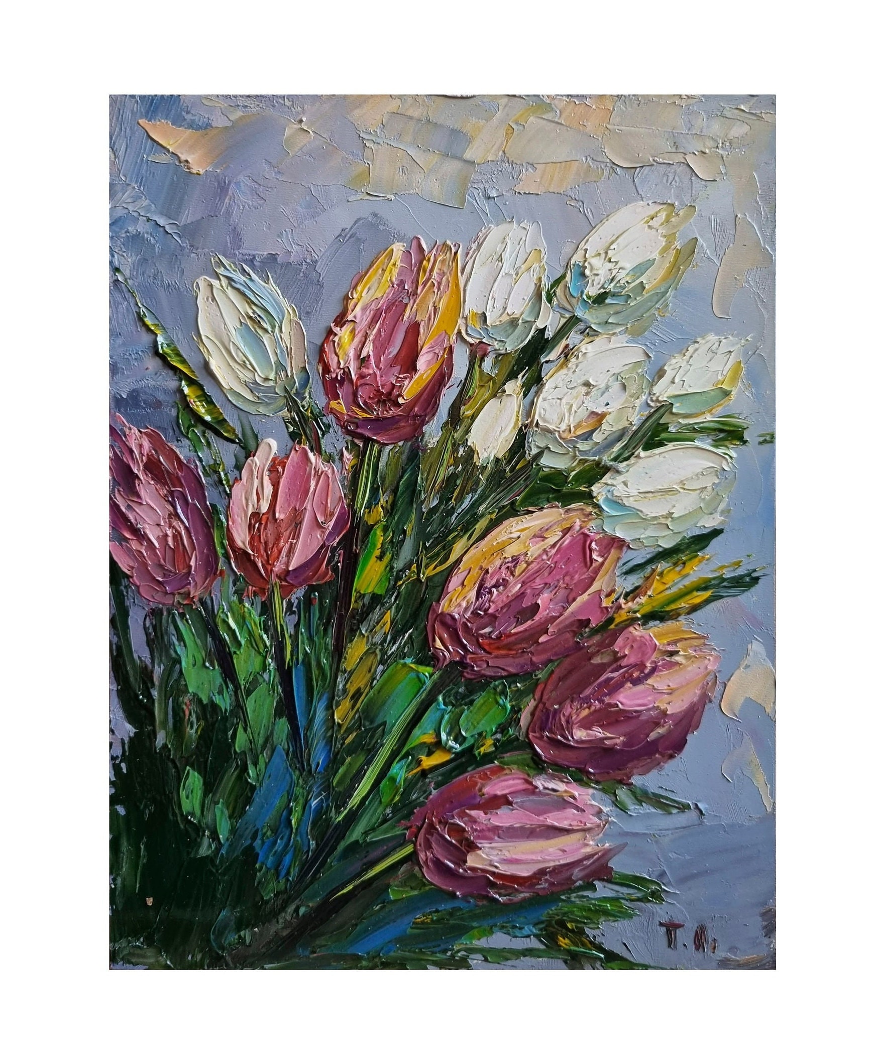インパストチューリップ油絵、赤と白の花のアート（8 x 6インチ