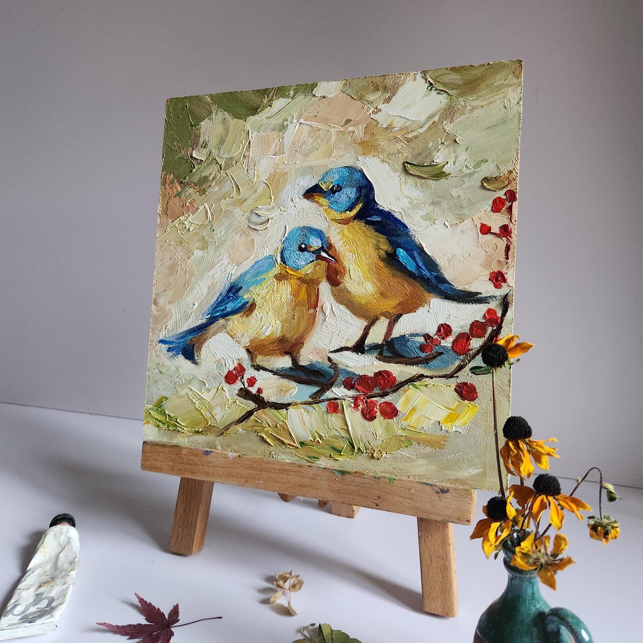 二羽の鳥 絵画 油彩画 油絵 F4 oil painting art 鳥の油絵 2羽の鳥の絵 厚塗り油絵 鳥の絵 壁アート 10 x 10