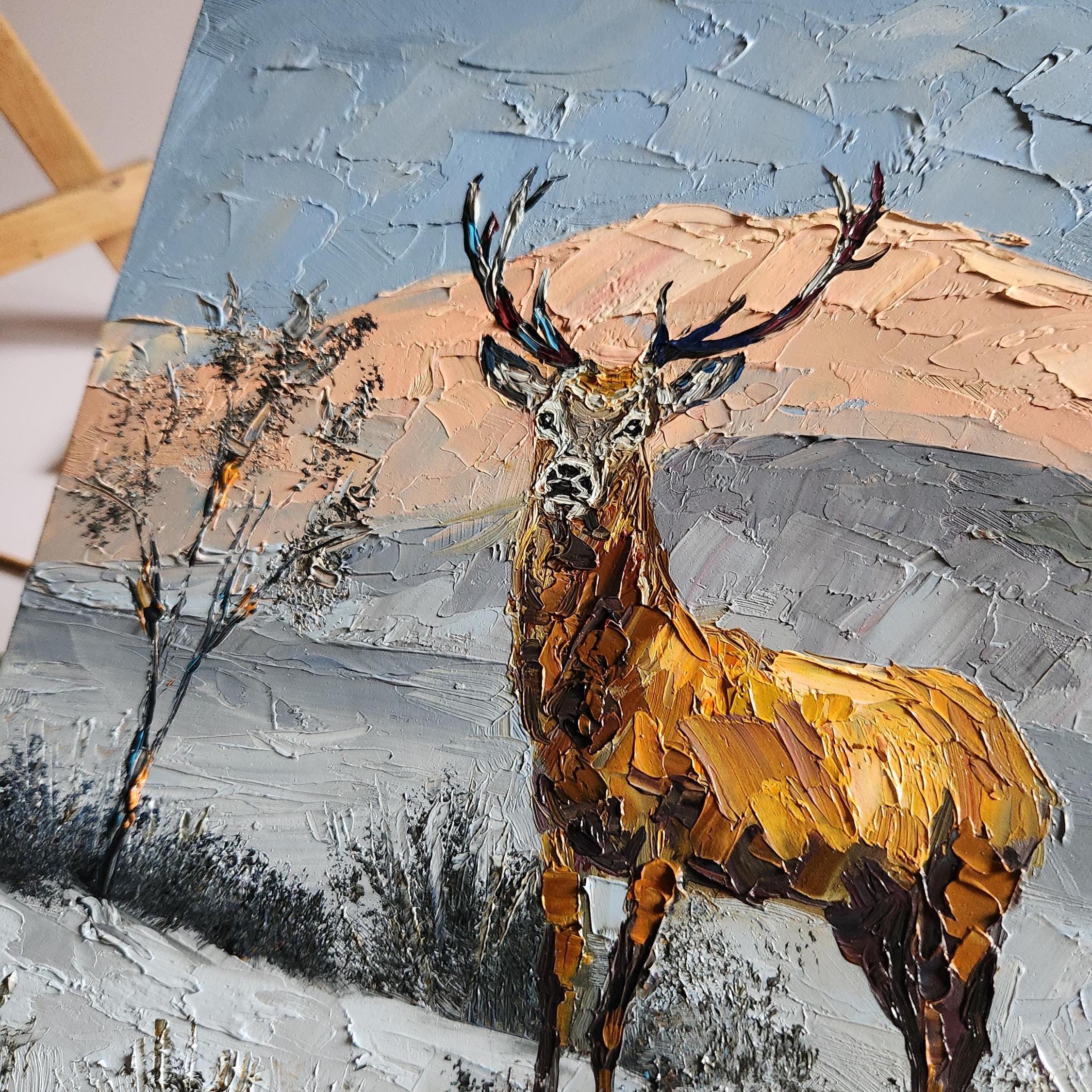 オリジナルの鹿の油絵：ジャスパー風景野生動物アート（10 x 10インチ