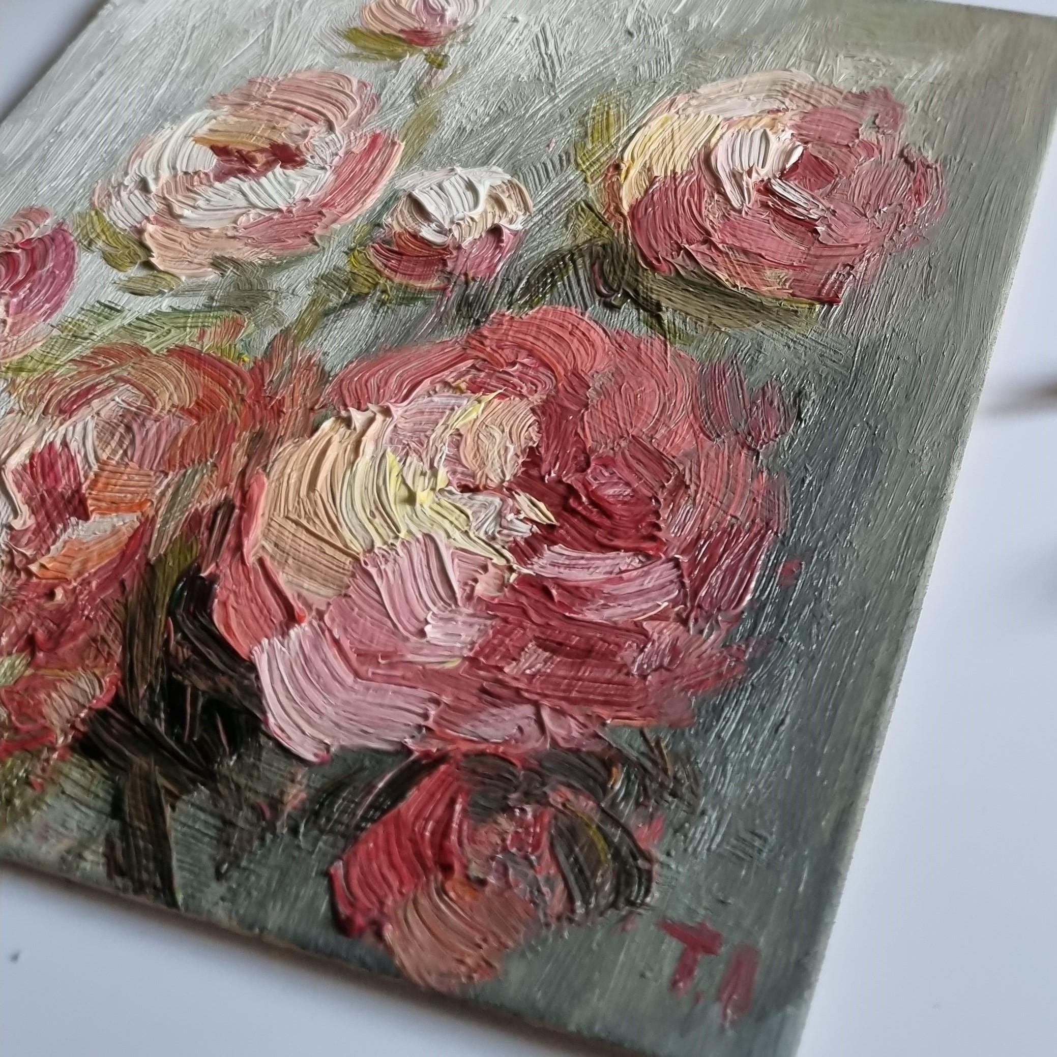 オリジナルの牡丹のバラの油絵：花のインパストアート（6x6インチ