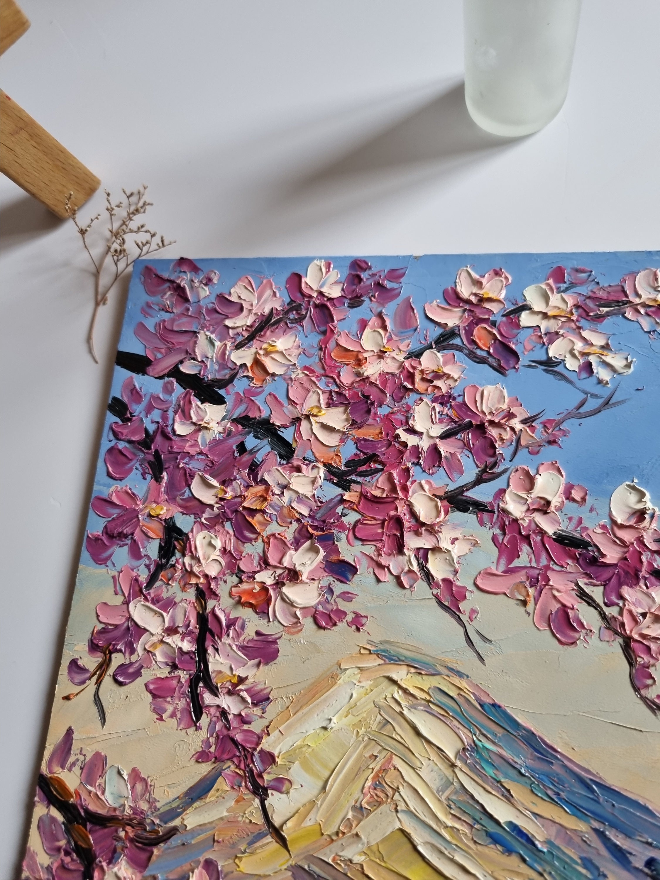 Sakura Painting: Impasto Mountain Landscape, Japan Art (12x8